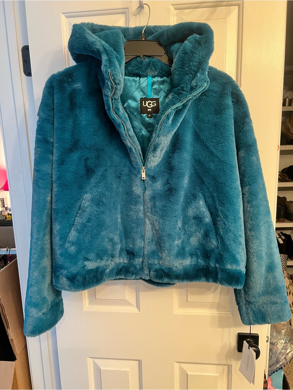 UGG Teal Plush Hooded Cozy Soft Faux Fur Jacket